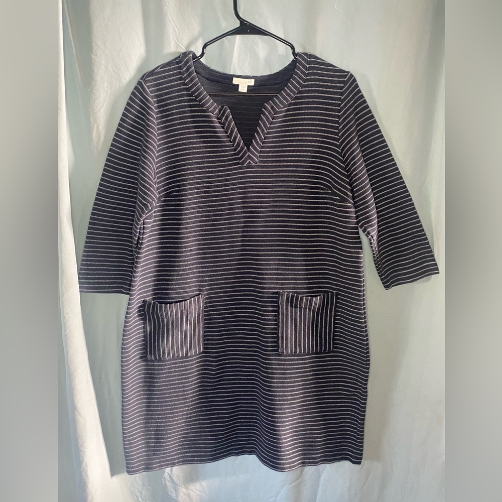J. JILL Dress Work Sz Large Striped Knit 3/4 Sleeve V-Neck Pockets Women’s 97641